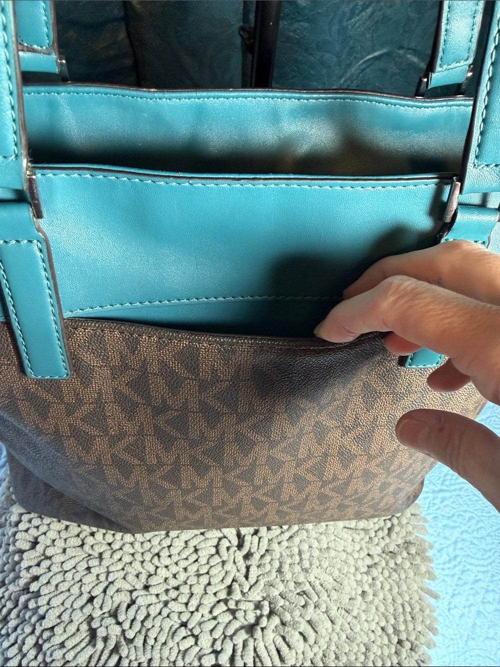 Michael Kors Brown Tote with Teal and White Center Stripe - Picture 4 of 13